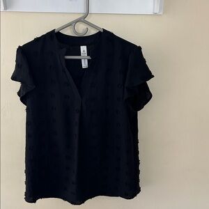 Textured Black Flutter-Sleeve Blouse